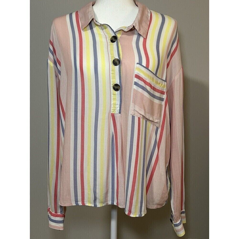 a.n.a Striped Long Sleeve Rayon Button Up Front Pocket Women’s Top XL
